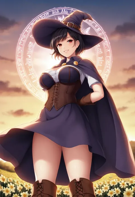 Portrait image. Soft anime tones. Low angle view. Looking over shoulder. Beautiful 1woman. Mage. Magic circle. Flowing cloak, tunic, gloves, skirt, corset, boots. Highly detailed face, short hair, highly detailed red eyes. Curvy. Open field of flowers. Blu...