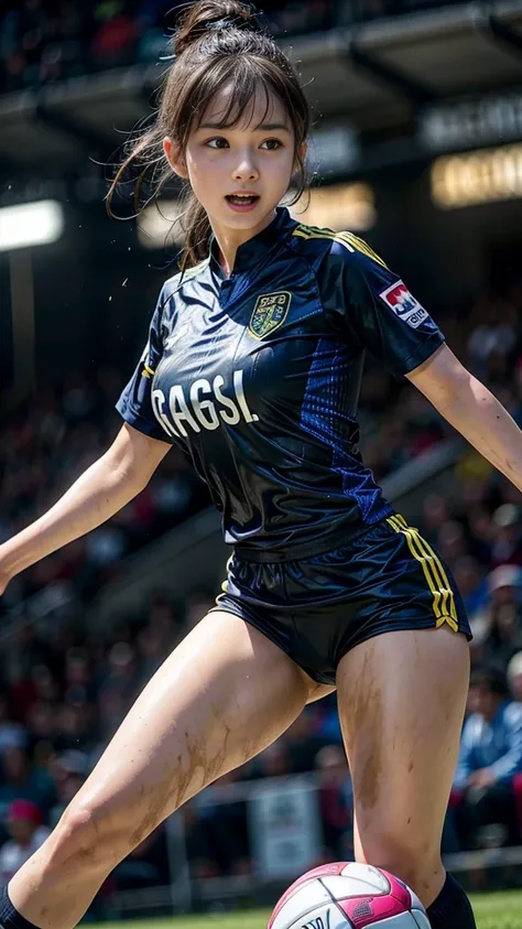 Highest quality, High resolution:1.2, Super detailed, Realistic:1.3, ((Beautiful woman))、((Ultra tight uniform))、Big Breasts、Vibrant colors, play soccer,((blunt bangs))、Has bangs、Wet Hair, Concentration, Splash, Action Shots, Grass blotches, Muddy ground, ...