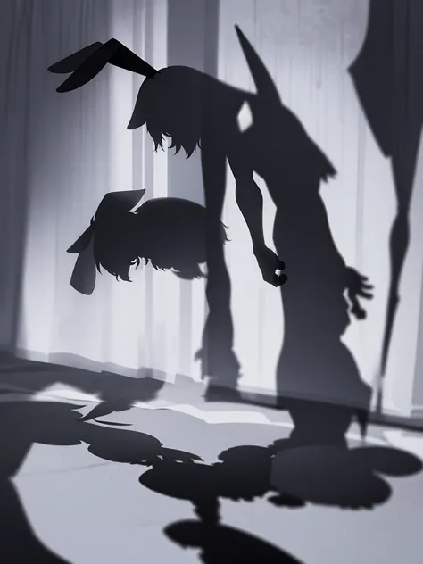 In a house , couple silhouette , rabbit ear girl , (Shadows seen through the curtains:1.5) , doggy style hard core silhouette , orgasm , nudity , cum shot