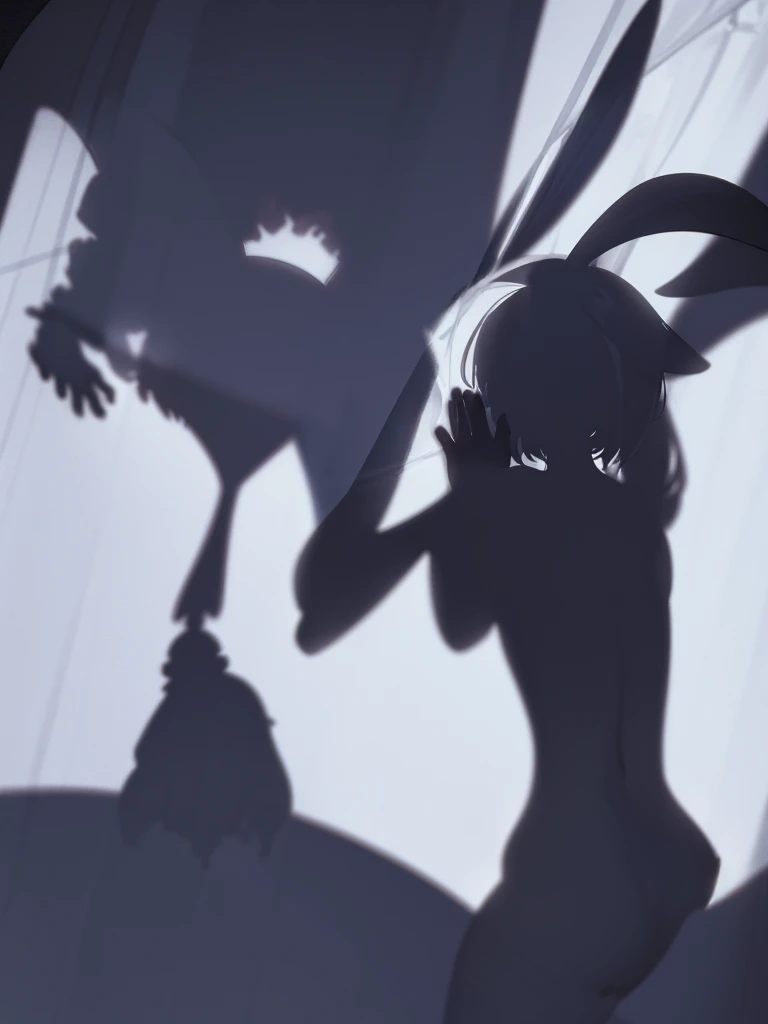 In a house , couple silhouette , rabbit ear girl , (Shadows seen through the curtains:1.5) , doggy style hard core silhouette , orgasm , nudity , cum shot