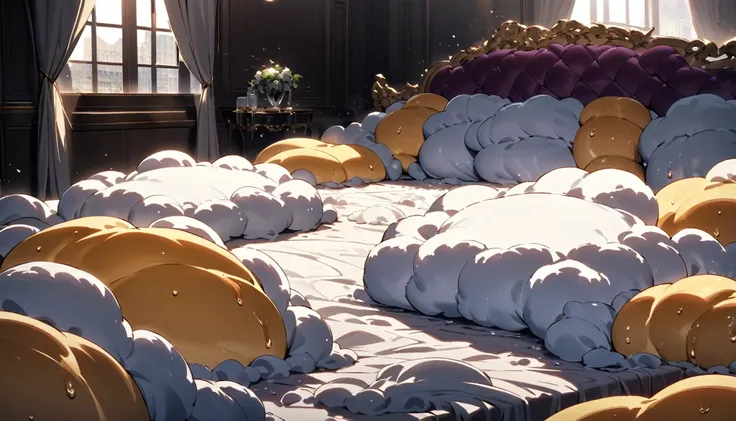 Lots of giant, fluffy silk body pillows. Ejaculating Prince. Blushing. Drooling. cry. naked. Sweaty. Luxury bed. A large amount of Calpis concentrate is scattered around