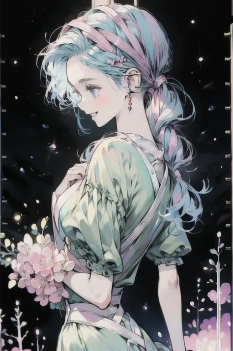     Beautiful light blue hair with a long ponytail and lilac tips. An anime girl wearing a white fir shirt with a long ponytail and a big hairband、A happy and lively character standing on a simple and abstract dark blue background looking back。, close( Per...