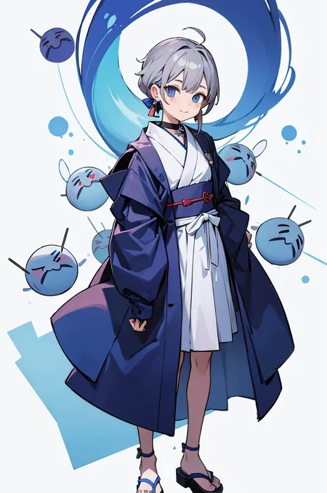 Blue Yukata、Gray Hair、Mischievous face、Choker on neck、Big earrings、Arms crossed、Only the mouth is smiling、Straw sandals、Choker on right leg(whole body、Are standing、、White background)
