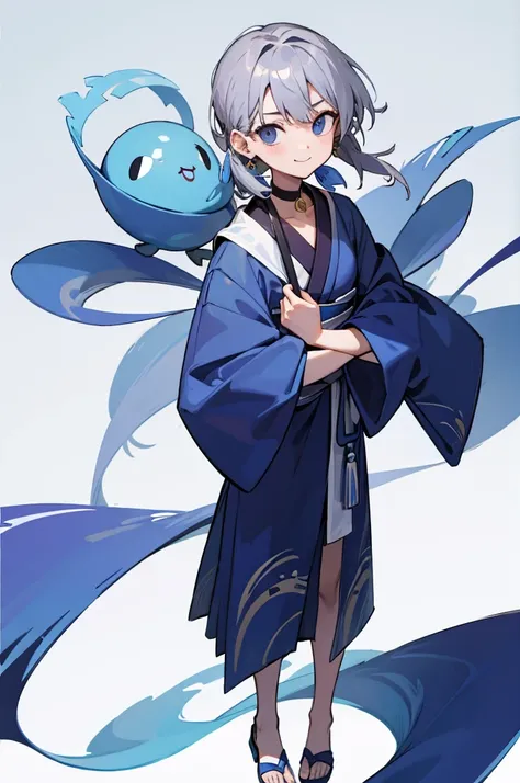 Blue Yukata、Gray Hair、Mischievous face、Choker on neck、Big earrings、Arms crossed、Only the mouth is smiling、Straw sandals、Choker on right leg(whole body、Are standing、、White background)
