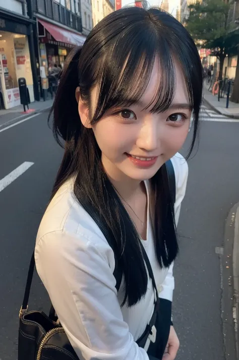 candid photo of yurayura_yuuura,  with captivating
eyes, smiling amidst a bustling city, upper body
framing, in a street photogr...