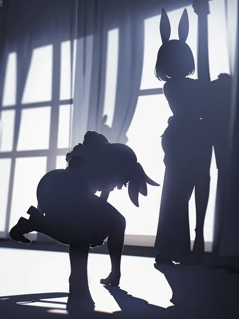 In a house , couple silhouette , rabbit ear girl , (Shadows seen through the curtains:1.3) , doggy style hard core silhouette , orgasm , nudity , cum shot