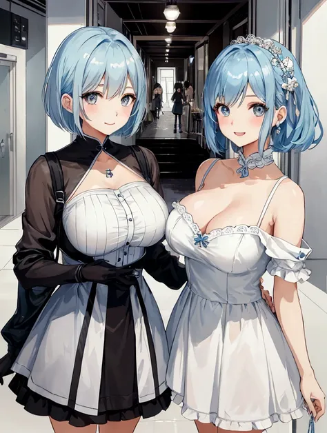 One Woman（:2.0）Highest quality、High resolution、masterpiece、High resolution、Cute anime-style illustrations、Light blue hair、Short Bob、Grey Eyes、White Cami Dress、Big Breasts、Stylish older sister、smile、city


