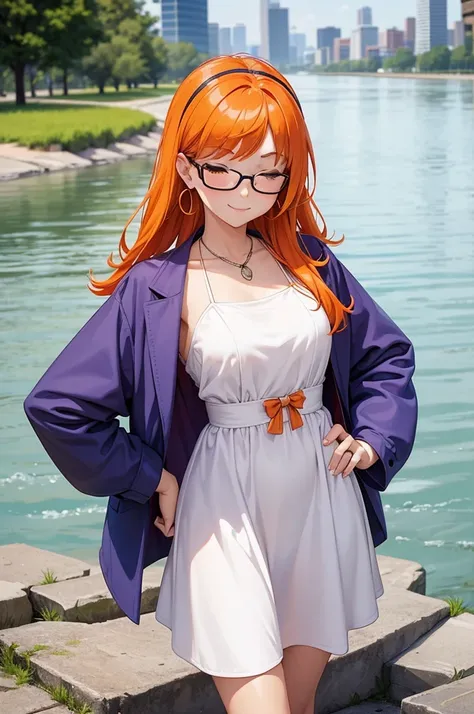 1 girl, Alone, go to the river, Orange hair, pierce hair, glasses on head, orange eyes, jewelry, bow, White dress, purple jacket, during, earrings, has, standing, hand on hip, looking at the viewer, one eye closed, affected smile, outdoor, City 