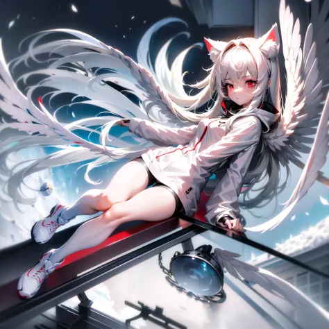 masterpiece, highest quality, highest resolution, clear_image, detailed details, White hair, long hair, cat ears, 1 girl, red eyes, white hoodie, gray futuristic halo (gray halo over the head), white wings (6 wings), cute, full body, no water marks, snow, ...