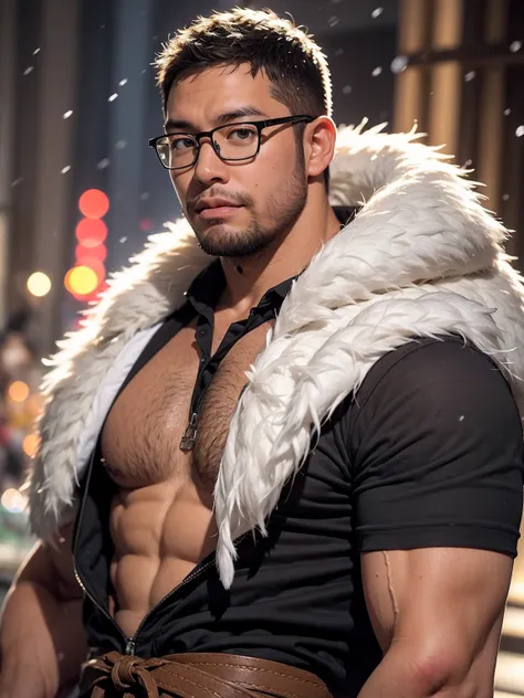 An award-winning original photo，a handsome 38-year-old man, crew cut, (((full body))), (((landscape))), mature man, [slightly fat], asian man, rounded face, brown eyes, ((rounded face)), glasses, fair skin tone, light skin tone, balding, 1boy, Solo, (big s...