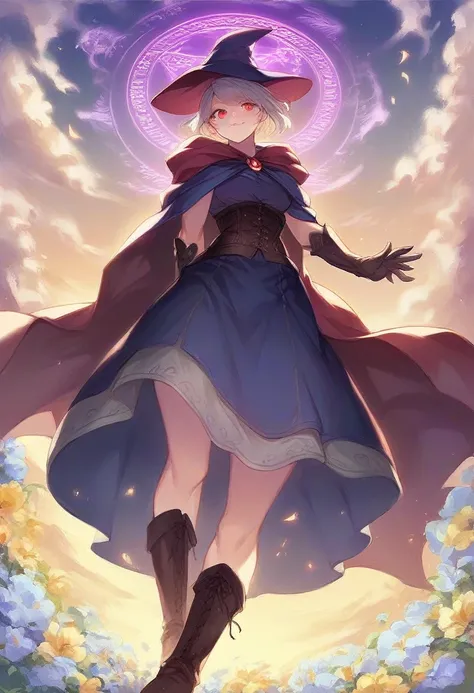 score_9, score_8_up, score_7_up, score_6_up, score_5_up, score_4_up .Portrait image. Soft anime tones. Low angle view. Looking over shoulder. Beautiful 1woman. Mage. Magic circle. Flowing cloak, tunic, gloves, skirt, corset, boots. Highly detailed face, sh...