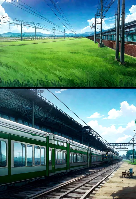 Power plant、substation、train、landscape、Anime Background、blue sky、Art Style, Best Anime 8K, pixiv Contest Winner, Perfect Anatomy, break,break,8K,Cute illustrations,Photoshop_(Moderate),Absurd Hi-Res,Ultra-high resolution,Textured skin