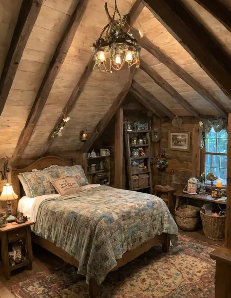 bedroom with room, cozy room, cozy treehouse bedroom, small bedroom, cozy place, cozy bed, cottagecore hippie, thomas kinkade. c...