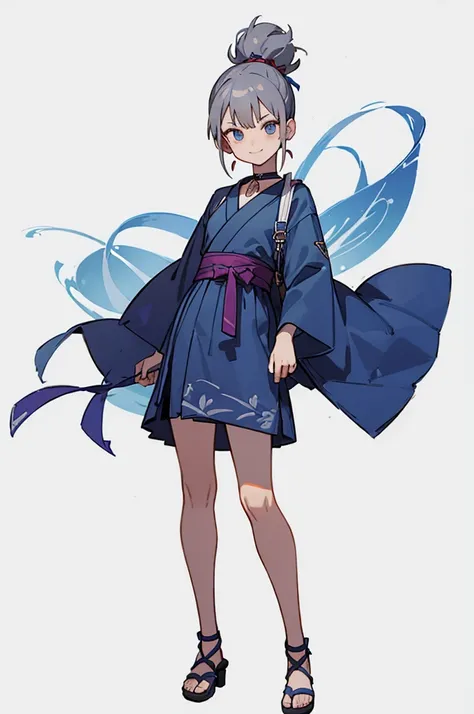 Blue Yukata、Gray Hair、Mischievous face、Choker on neck、Big earrings、Arms crossed、Only the mouth is smiling、Straw sandals、Choker on right leg(whole body、Are standing、、White background)
