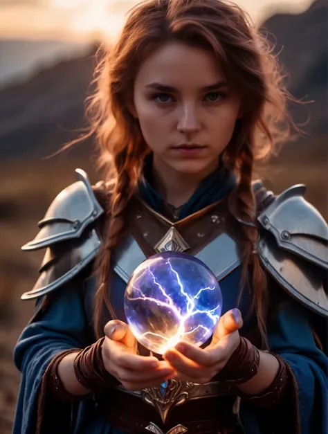 cinematic film still, a mage woman, 20 years old, holding a magic lightning glass orb, glass mage armor,, (highest quality, 4k, ...