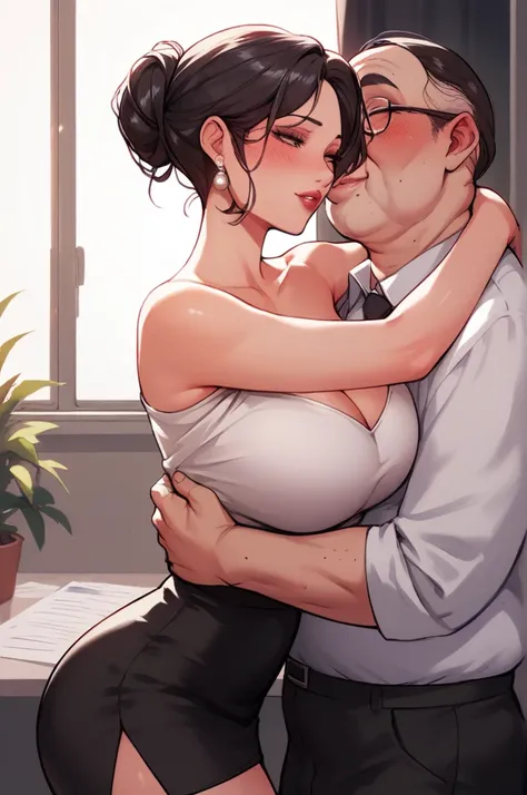 Hot sexy beautiful cute milf hugging with ugly fat old man in office cabin ,top,black pencil skirt, silver chandelier earrings,big breasts,  lipstick,makeup, black hair bun, strands,blush,short hair 