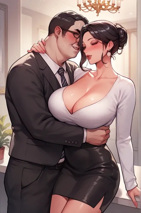 Hot sexy beautiful cute milf hugging with ugly fat old man in office cabin ,top,black pencil skirt, silver chandelier earrings,big breasts,  lipstick,makeup, black hair bun, strands,blush,short hair 