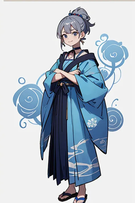 Blue Yukata、Gray Hair、Mischievous face、Choker on neck、Big earrings、Arms crossed、Only the mouth is smiling、Straw sandals、Choker on right leg(whole body、Are standing、、White background)
