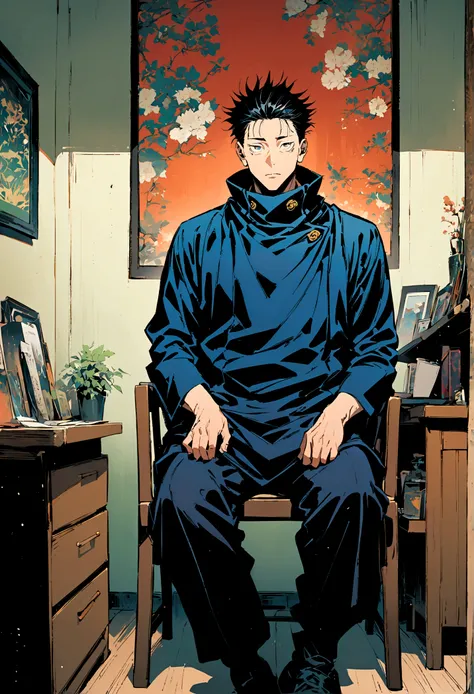 (1 guy,jujutsu kaisen), older looking man, flat black hair, sitting in a chair and infront of a desk, facing viewer, artwork
