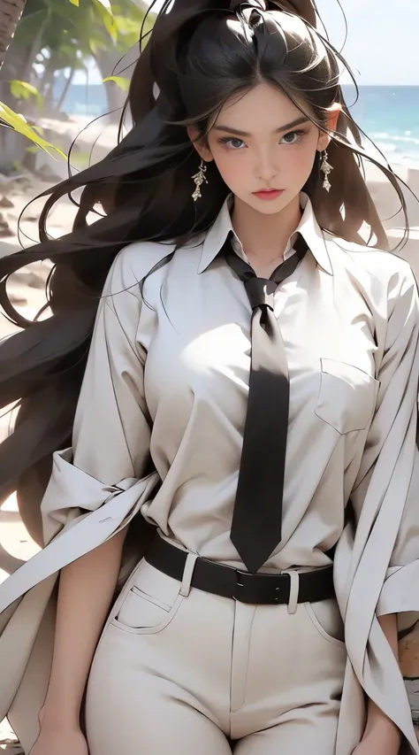 ((Highest quality, 8K, masterpiece :1.3)), ((masterpiece, Highest quality, High resolution, Very detailed),(beautifully、Aesthetically beautiful:1.2), 1 female, Adult, Perfect body, Wavy black hair, Green Eyes, Tie your hair back、She has a beautiful ponytai...