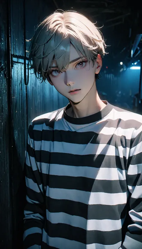 (8K, RAW photos, best quality, masterpiece: 1.4), (((The boy breathed a sigh of relief)))，Ultra-high resolution, Extremely detailed, Dim Lights, Upper body close-up, handsome boy, black eyes, (delicate eyes, Eyes are bright:1.2), Gray short hair, Fair skin...