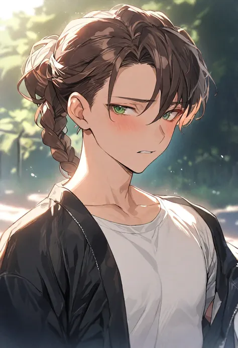 Masterpiece, Best quality, high resolution, high quality, 1 boy, Alone, looking at viewer, Upper body, anime, 15 years old, very handsome, very feminine appearance, tanned skin, slanted green eyes, long hair, brown hair up in a braid, sad expression, white...