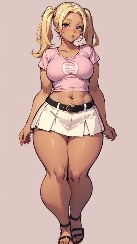 blank background, (((full body))), (masterpiece), ((best quality)), (flat chest), tiny breast, short twintail, (curvy:1.7), (very short skirt), sandals, belt below navel, blonde, (pink tshirt), (dark skin)