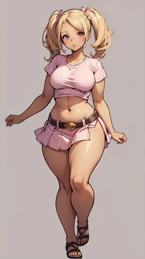 blank background, (((full body))), (masterpiece), ((best quality)), (flat chest), tiny breast, short twintail, (curvy:1.7), (very short skirt), sandals, belt below navel, blonde, (pink tshirt), (dark skin)