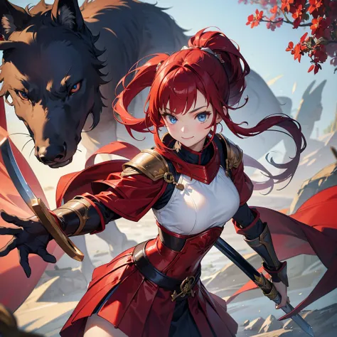 （masterpiece）、18-year-old beauty girl knight in red armor、Red hair in a ponytail、blue eyes、An inappropriate smile、Holding a Japanese sword、With a big wolf by her side