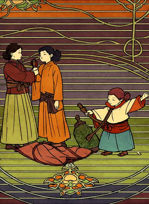 Two ethnic minority women，A minority child，Wooden floorewood，flagon，prayer flags，Lively scene，from China, Art Nouveau, Cool and warm tones，Color contrast，Medium saturation，Miyazaki style