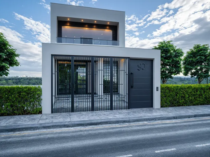 Raw photo, masterpiece, high quality, best quality, realistic, super detailed, outdoor, " 2-storey house " , modern Mezzanine house style, (white wall), curved wall facade, aluminum interior door glass, curved planter, gray tiled accent wall, gray iron box...