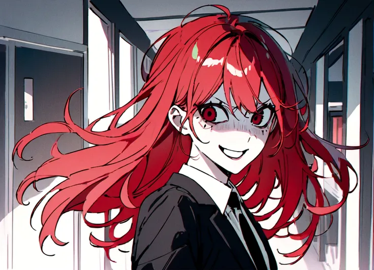 red hair、black suit、attack、scary smile、office、daytime