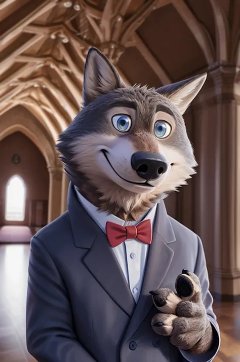 larry (zootopia), wolf, gray fur, (brown body:1.3), beautiful blue eyes, zootopia, dressed,blazer,pink shirt,trousers,boutonnier...