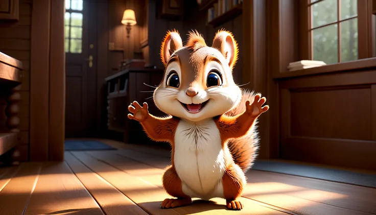 Cute and cute little squirrel waving its hand and smiling and saying hello, Unreal Engine, Cozy interior lighting, detailed digital painting, movie, Mark Redden과 Pixar, Character design by Miyazaki Hayao, unreal 5, Daz, surrealism, octane rendering, 3DMDT1...