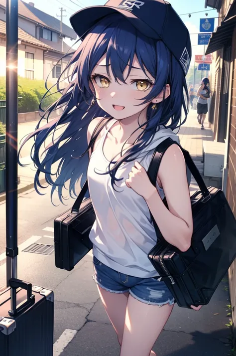  Umi Sonoda, Long Hair, Blue Hair, (Yellow Eyes:1.5) (Flat Chest:1.2),happy smile, smile, Open your mouth,Baseball hats,Sleeveless blue hoodie,Open front,White Tank Top,Shorts,Sandals,Push-type suitcase,Walking,Daytime,Clear skies,True Summer,whole bodyがイラ...