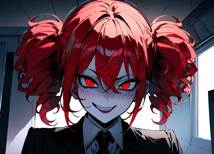 Red hair、Black suit、hit、Scary smile、office、Daytime