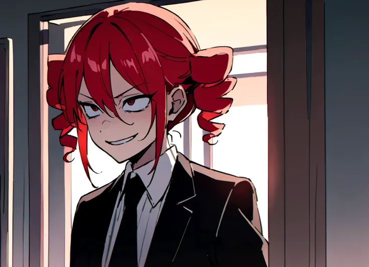 red hair、black suit、hit、scary smile、office、daytime