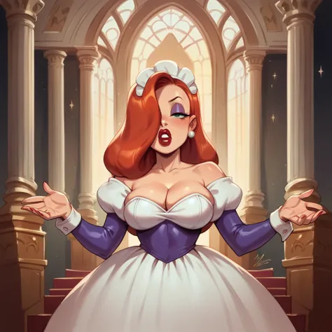 Jessica Rabbit is dressed as a vintage maid is helping to bathe a young fat man in the jacuzzi, palace