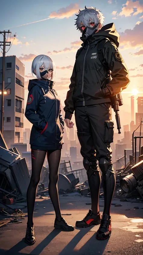 
a 20 year old girl, from the anime jujutsu kaisen, full body, from head to toe, short white hair, one eye blue and the other brown, with a detailed gas mask on her face, beautiful, full body, with a sniper, with a destroyed city in the background at sunse...