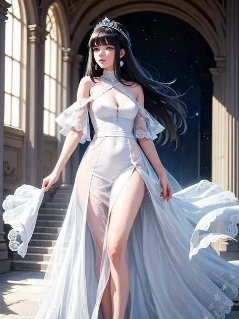 A beautiful young princess with black hair and blue eyes., she is wearing her beautiful long white dress