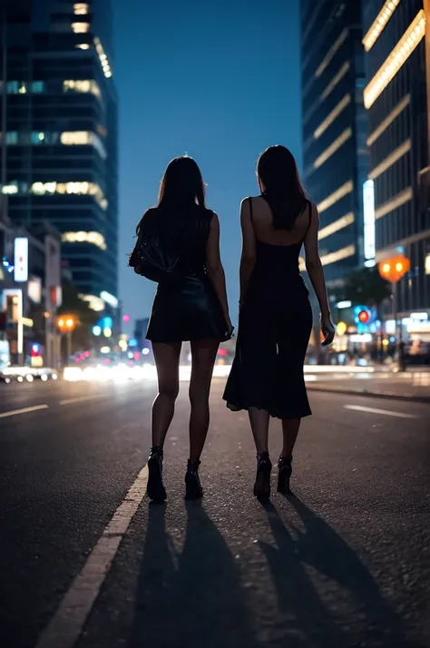 Three pretty, beautiful women in sexy black clothing are walking backwards, disappearing into a night cityscape. The scene is melancholic and introspective, with long shots and fade-outs creating a sense of closure. The background is a starry and moonlit c...