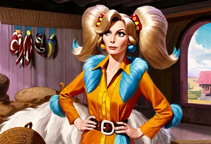 wilma flintstone (gates mcfadden, age 30, twintails, bone in hair, fur 2 piece outfit, casual pose hands on hip, slightly annoye...