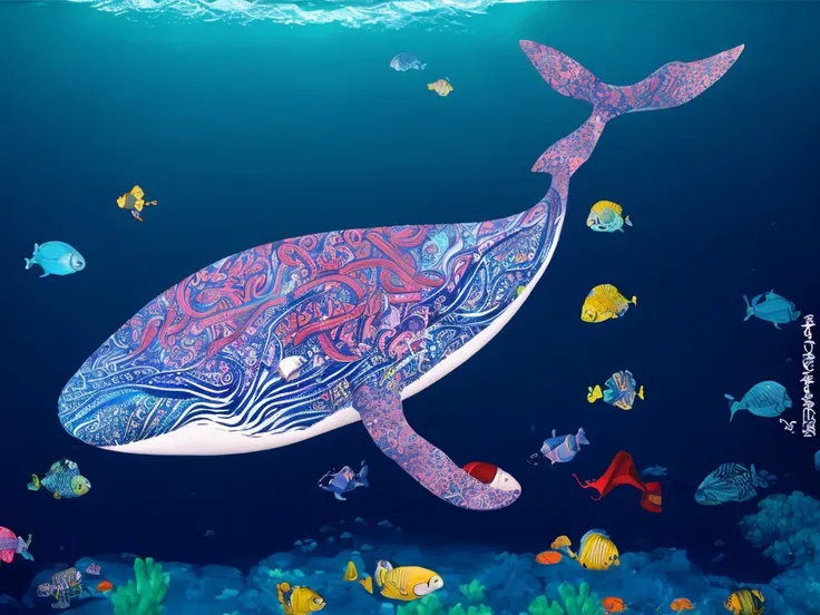 the image depicts a vivid underwater scene featuring a whale with a colorful, intricate pattern painted on its side, surrounded ...