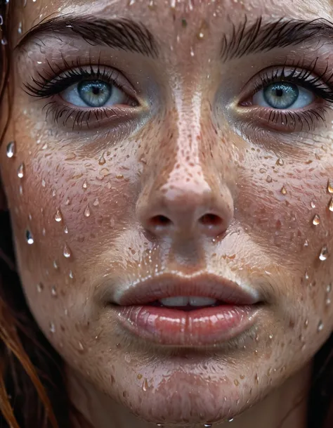 portrait photography, dutch angle shot, a stunning woman's face with freckles covered in raindrops, raindroplets on her face, un...