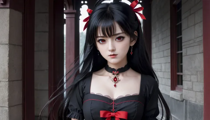 expressionless,,(dark fantasy),((nice illustration)),(detail splash), long black hair, red eyes, girl, pure black dress, Kalaman, Sleeves and skirt are dark red, Pinned next to the ear is a red bow hairpin., masterpiece, best quality, high quality, pitchin...