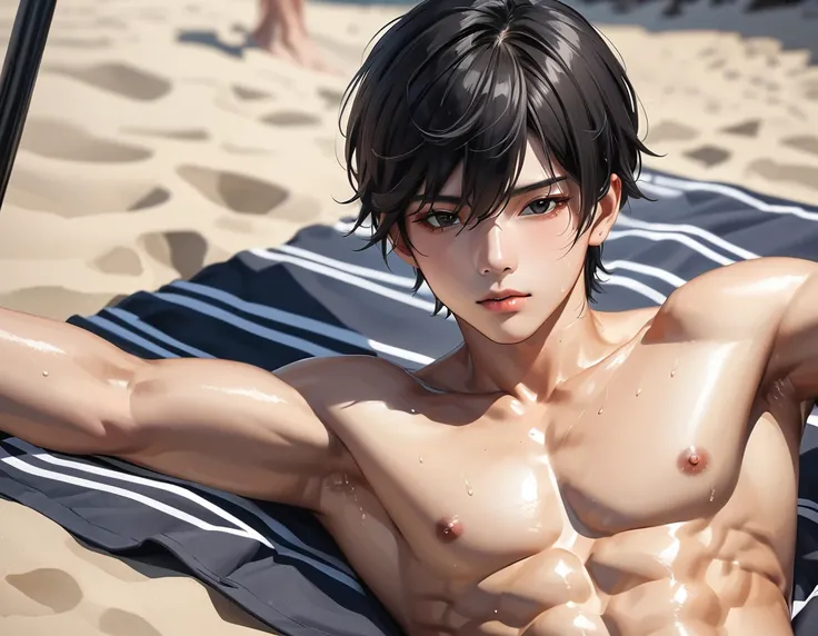 high quality, detailed, Realistic, (one 16 years old japanese boy), (detailed black eyes), (abs:1.5), (shiny skin), detailed nipples, black hair, (black tiny thong), (erected bulge), summer beach, (smile:0.7), close up face, laying, sweat,