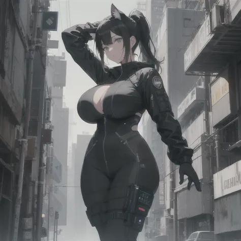 Absurd resolution,high resolution,(masterpiece: 1.4),hyper-detail,fullbody shot,full frontal camera perspective,solo,shorter,standing straight up,1 kemono feline cat woman,no skin other than neck and head shown,utility suit,black hair,messy ponytail,cute f...