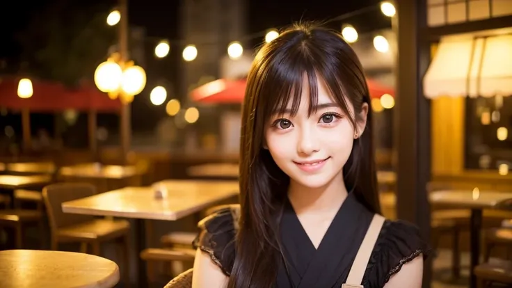 Cute girl working at a cafe terrace　Japanese　１９age　
Professional Lighting　Digital SLR　Beautiful and elaborate face　Perfect and beautiful face　Big eyes Smile