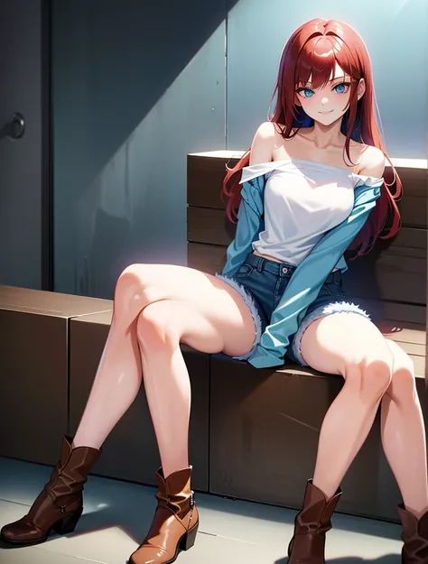 18 year old young girl, long haired redhead with blue eyes, Short white off-the-shoulder shirt, bright blue short jean shorts, serious look, sitting, SMILE, smiling, short brown boots with white