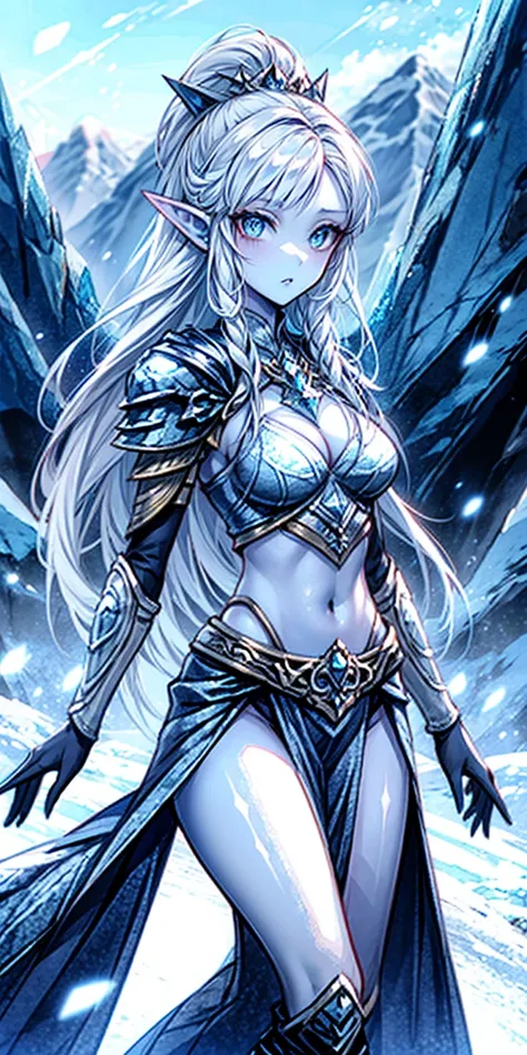 Blue skin, Frozen, Princess Zelda , rare, ice maiden, shiva loincloth armor, beautiful women, long icy hair, icy eyes, blue skin, winter village